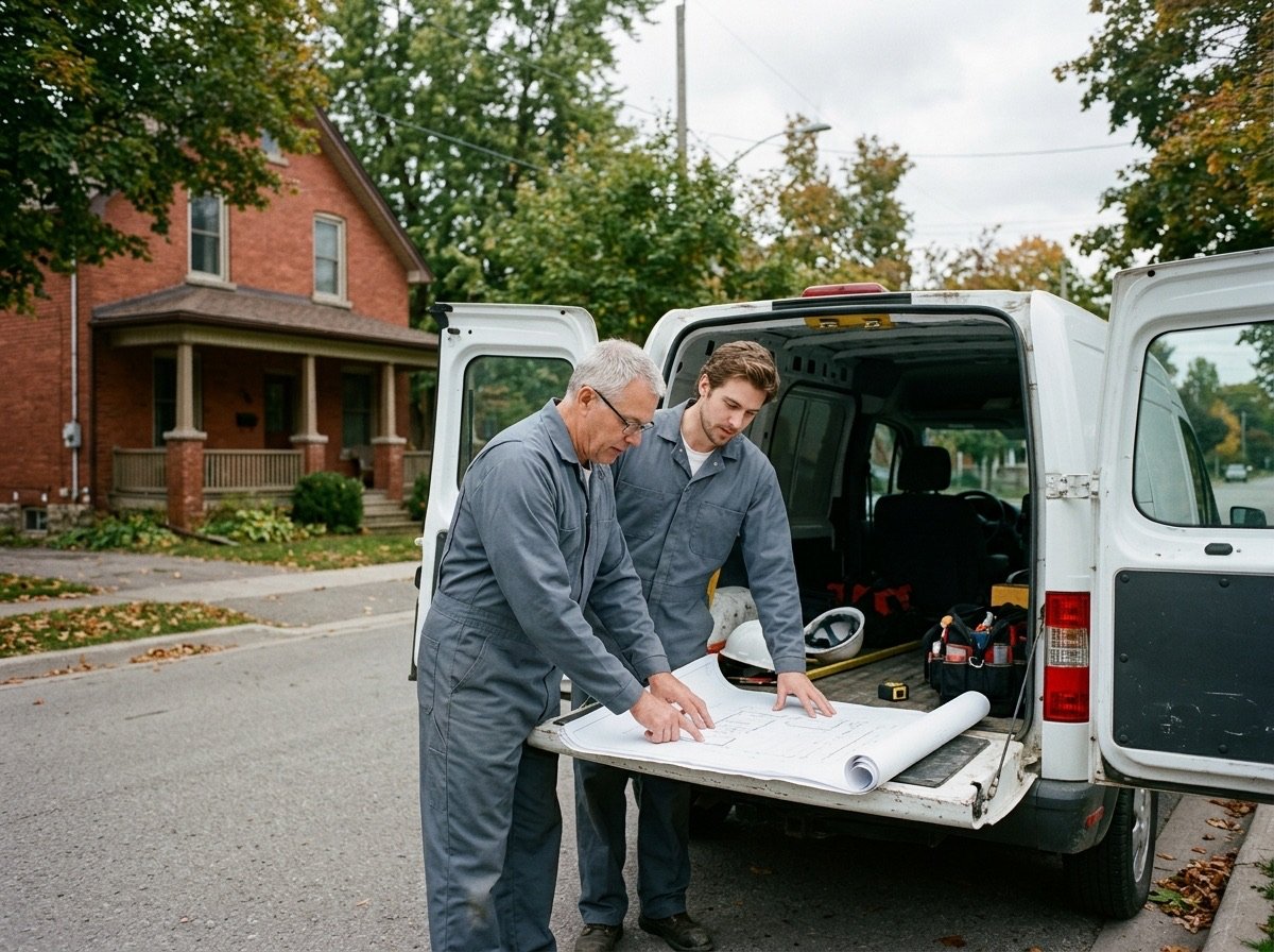 Two Nordmen technicians reviewing drawings on the tailgate of their van outside a Cobourg home